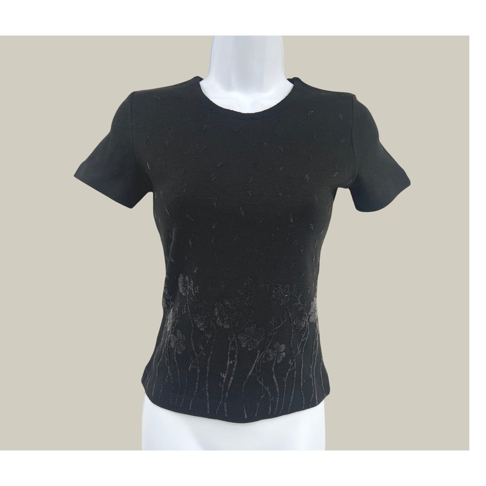Ikiler Size Small S Black Wool Blend Metallic Shimmer Floral Knit Sweater Top